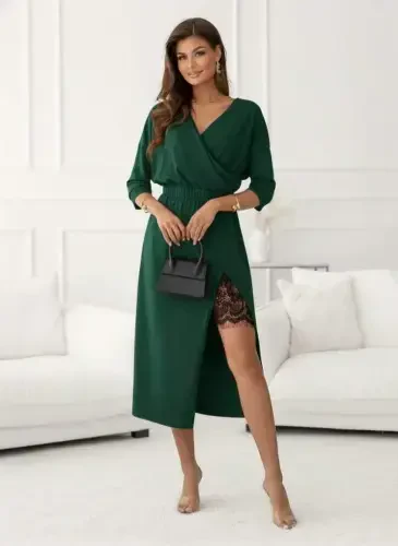 Kadın Uzun Kollu Kruvaze Yakalı Yandan Dantelli Midi Ithal Krep Elbise - BÜYÜKBEDENIZ (1)