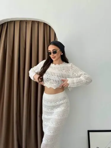 Kadın Uzun Kollu Kuş Gözü Transparan Detay Triko Bluz Ve Maxi Boy Etek Ikili Takım - 3