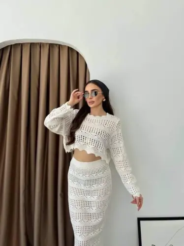 Kadın Uzun Kollu Kuş Gözü Transparan Detay Triko Bluz Ve Maxi Boy Etek Ikili Takım - 6