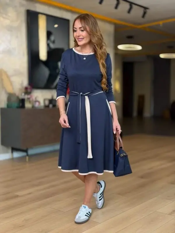 Kadın Uzun Kollu Kuşak Dahil Midi Boy Lbise - 2