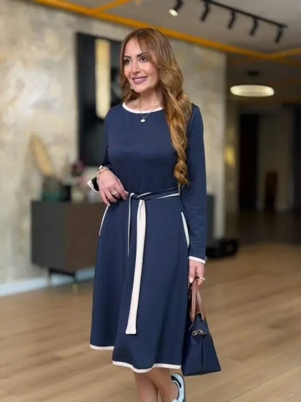 Kadın Uzun Kollu Kuşak Dahil Midi Boy Lbise - 3