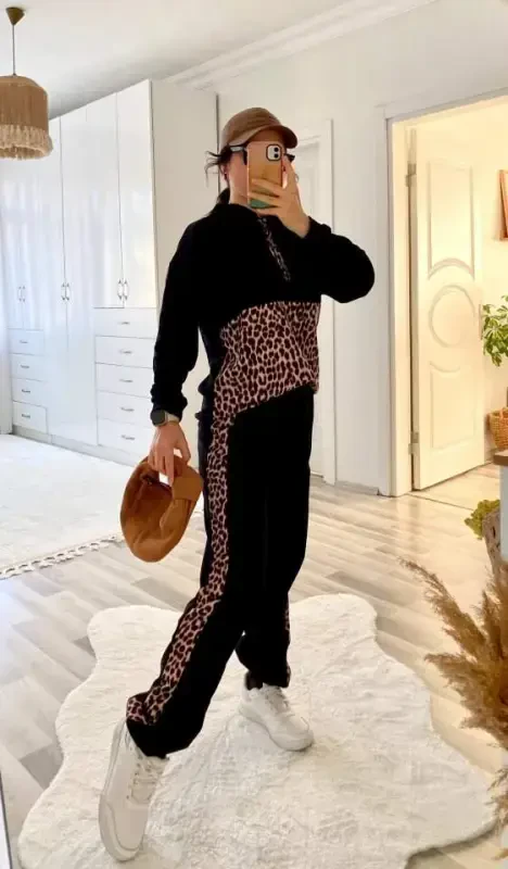 Kadın Uzun Kollu Leopar Detay Sweat Ve Yanı Leopar şerit Detay Pantolon Ikili Takım - BÜYÜKBEDENIZ