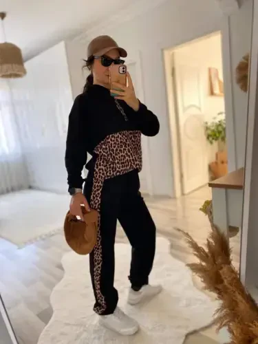 Kadın Uzun Kollu Leopar Detay Sweat Ve Yanı Leopar şerit Detay Pantolon Ikili Takım - 14