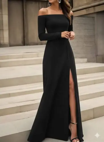 Kadın Uzun Kollu Madonna Yakalı Yırtmaç Detaylı Uzun Ithal Krep Elbise - 1