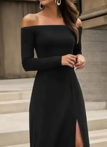 Kadın Uzun Kollu Madonna Yakalı Yırtmaç Detaylı Uzun Ithal Krep Elbise - BÜYÜKBEDENIZ (1)