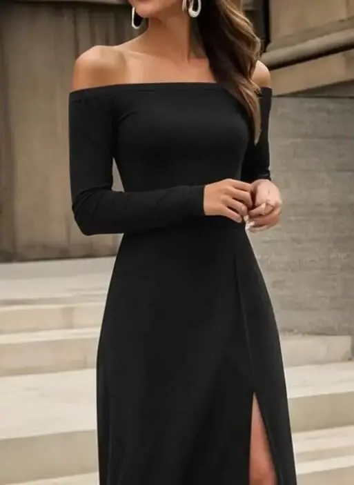 Kadın Uzun Kollu Madonna Yakalı Yırtmaç Detaylı Uzun Ithal Krep Elbise - 2