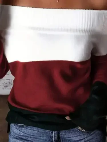 Kadın Uzun Kollu Omuzlardan Açık Uzun Kollu Blok çizgili Triko Bluz - 2