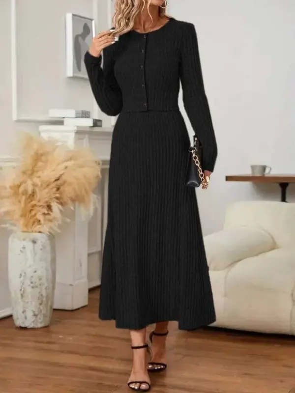 Kadın Uzun Kollu önden Düğmeli Bluz Ve Yüksek Bel A Kesim Uzun Etek şardonlu Kaşkorse Ikili Takım - 3