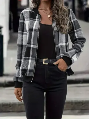 Kadın Uzun Kollu önden Fermuarlı Ekose Desenli Ceket - 1