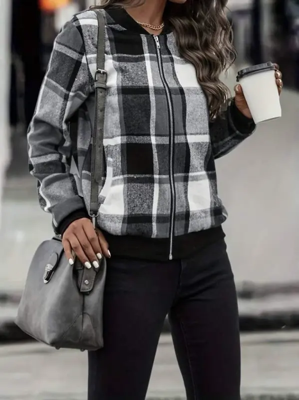 Kadın Uzun Kollu önden Fermuarlı Ekose Desenli Ceket - 8