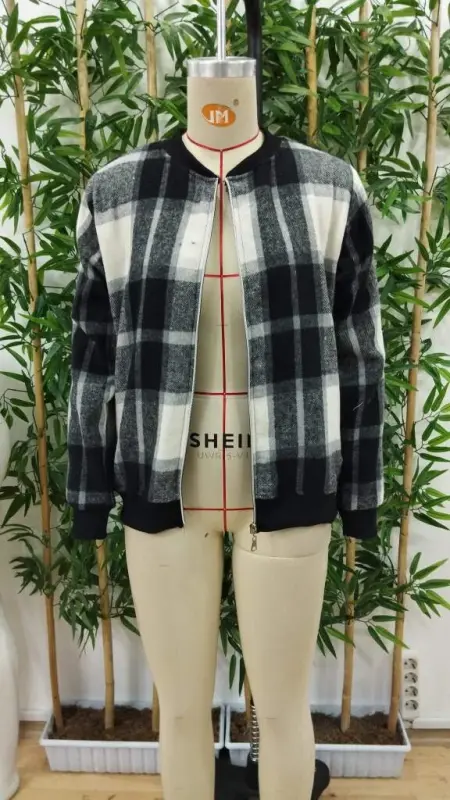 Kadın Uzun Kollu önden Fermuarlı Ekose Desenli Ceket - 9