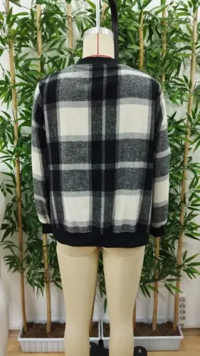 Kadın Uzun Kollu önden Fermuarlı Ekose Desenli Ceket - 11