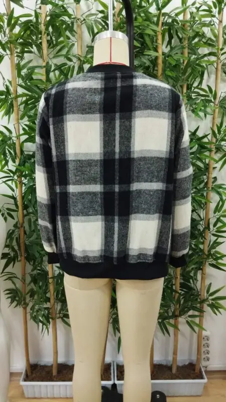 Kadın Uzun Kollu önden Fermuarlı Ekose Desenli Ceket - 11