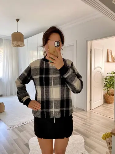 Kadın Uzun Kollu önden Fermuarlı Ekose Desenli Ceket - 14