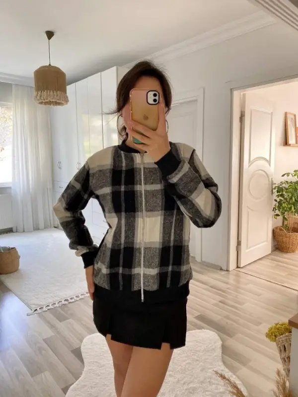 Kadın Uzun Kollu önden Fermuarlı Ekose Desenli Ceket - 15