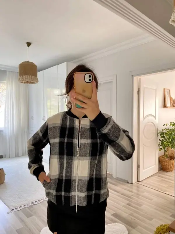 Kadın Uzun Kollu önden Fermuarlı Ekose Desenli Ceket - 16