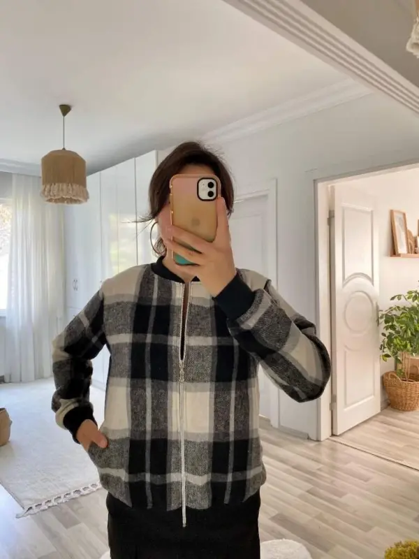 Kadın Uzun Kollu önden Fermuarlı Ekose Desenli Ceket - 17