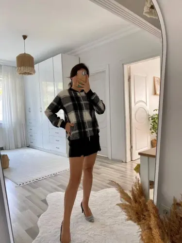 Kadın Uzun Kollu önden Fermuarlı Ekose Desenli Ceket - 18