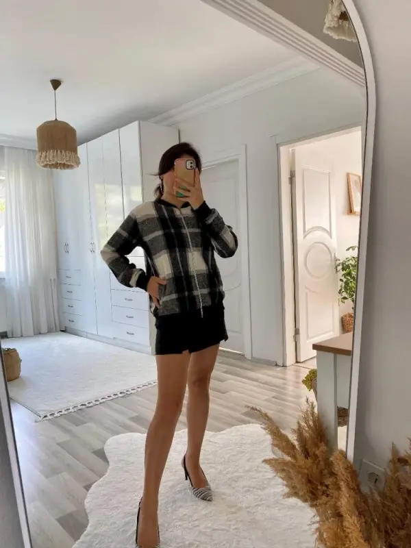 Kadın Uzun Kollu önden Fermuarlı Ekose Desenli Ceket - 18