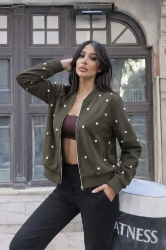 Kadın Uzun Kollu önden Fermuarlı Incili Kısa Modal Ceket - 2