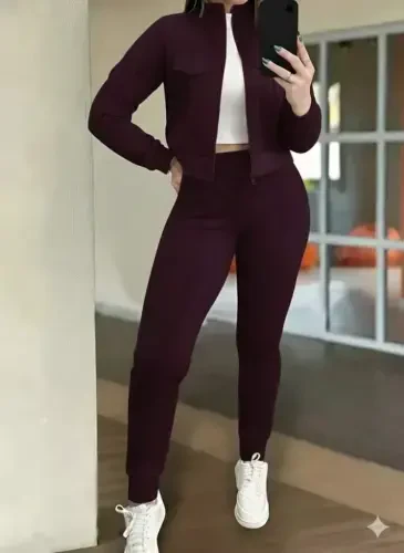 Kadın Uzun Kollu önden Fermuarlı Kısa Modal Mor Ceket Ve Pantolon Ikili Takım - 1