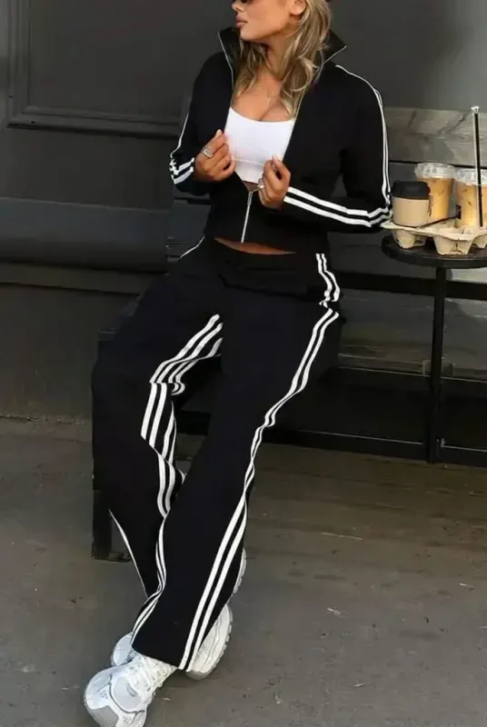 Kadın Uzun Kollu önden Fermuarlı Kısa Viskon Iki Iplik Bluz Ve Pantolon Ikili Takım - 1