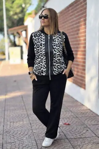 Kadın Uzun Kollu önden Fermuarlı Leopar Desenli Viskon Iki Iplik Bluz Ve Pantolon Ikili Takım - 1