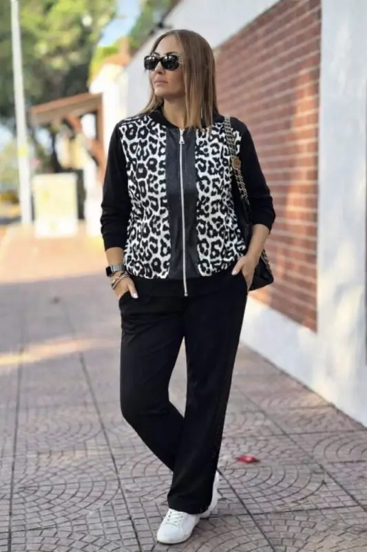 Kadın Uzun Kollu önden Fermuarlı Leopar Desenli Viskon Iki Iplik Bluz Ve Pantolon Ikili Takım - BÜYÜKBEDENIZ