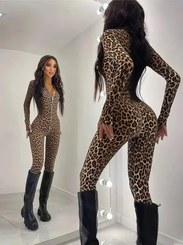 Kadın Uzun Kollu önden Fermuarlı Parmaktan Geçmeli Leopar Desenli Dalgıç Tulum - BÜYÜKBEDENIZ