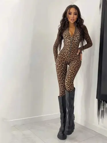 Kadın Uzun Kollu önden Fermuarlı Parmaktan Geçmeli Leopar Desenli Dalgıç Tulum - 5