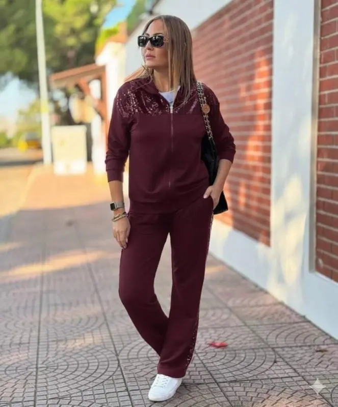 Kadın Uzun Kollu önden Fermuarlı Pul Payetli Alt üst Viskon Iki Iplik Takım - 3