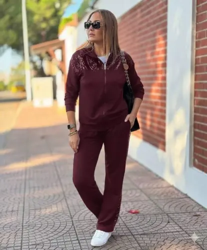 Kadın Uzun Kollu önden Fermuarlı Pul Payetli Alt üst Viskon Iki Iplik Takım - 3