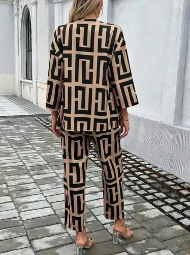 Kadın Uzun Kollu önü Açık Desenli Iki Iplik Ceket Ve Pantolon Ikili Takım - 4