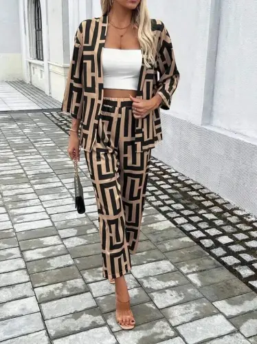 Kadın Uzun Kollu önü Açık Desenli Iki Iplik Ceket Ve Pantolon Ikili Takım - 5