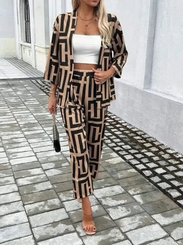 Kadın Uzun Kollu önü Açık Desenli Iki Iplik Ceket Ve Pantolon Ikili Takım - 5