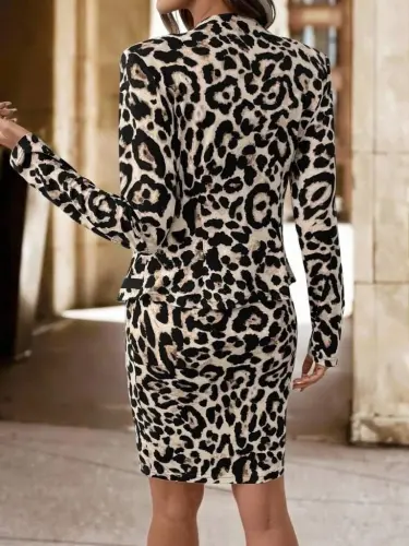Kadın Uzun Kollu önü Açık Leopar Desen Modal Ceket Ve Etek Ikili Takım - 5