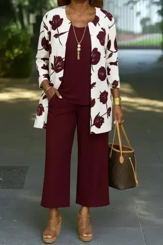 Kadın Uzun Kollu önü Açık Modal Ceket Kolsuz Viskon Iki Iplik Bluz Ve Pantolon üçlü Takım - 1