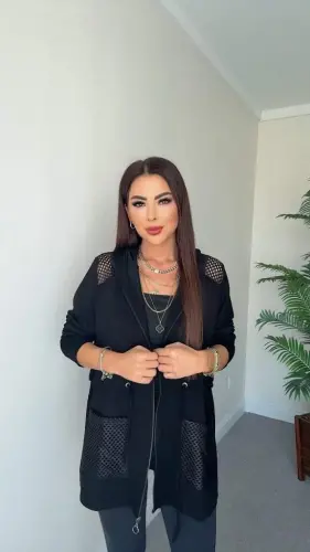 Kadın Uzun Kollu önü Fermuarlı File Detaylı Belden Bağcıklı Kısa Modal Ceket - 2