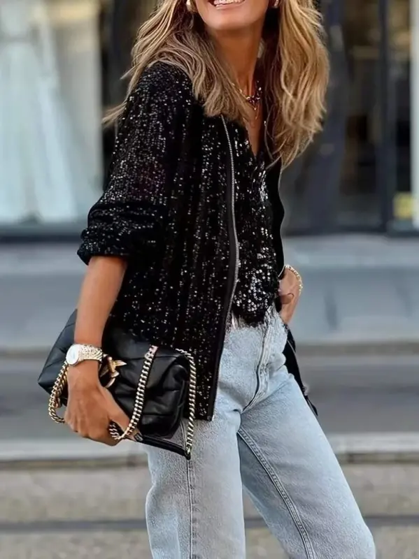 Kadın Uzun Kollu önü Fermuarlı Kısa Pulpayet Ceket - 4