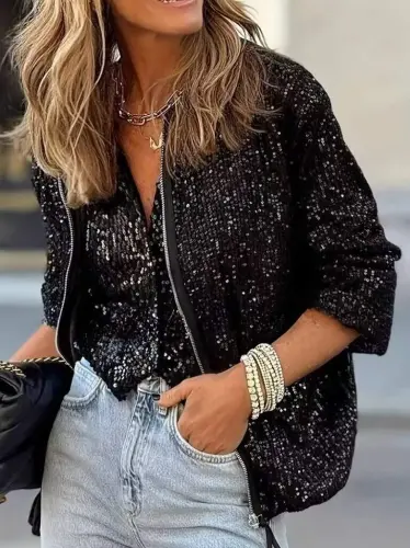 Kadın Uzun Kollu önü Fermuarlı Kısa Pulpayet Ceket - 1