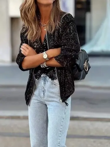 Kadın Uzun Kollu önü Fermuarlı Kısa Pulpayet Ceket - BÜYÜKBEDENIZ (1)