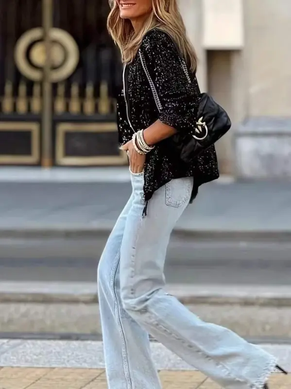 Kadın Uzun Kollu önü Fermuarlı Kısa Pulpayet Ceket - 5