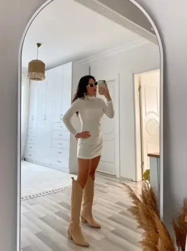 Kadın Uzun Kollu Peluş Mini Boy Elbise - 5