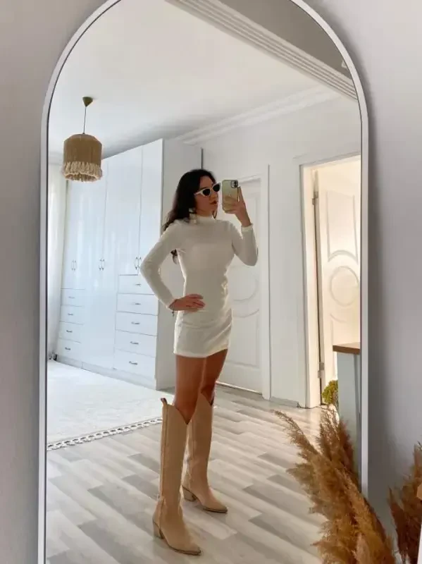 Kadın Uzun Kollu Peluş Mini Boy Elbise - 5