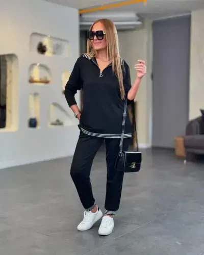 Kadın Uzun Kollu Ribana Ve Fermuar Detay Bluz Ve Yüksel Bel Pantolon 2li Takım - BÜYÜKBEDENIZ (1)