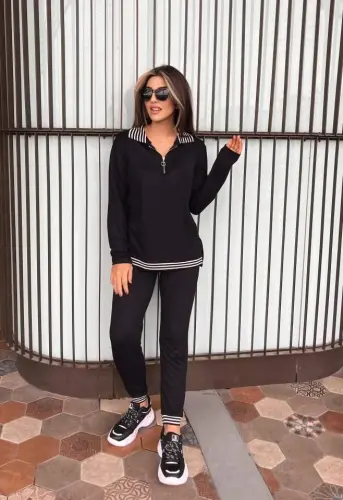 Kadın Uzun Kollu Ribana Ve Fermuar Detay Bluz Ve Yüksel Bel Pantolon 2li Takım - 1