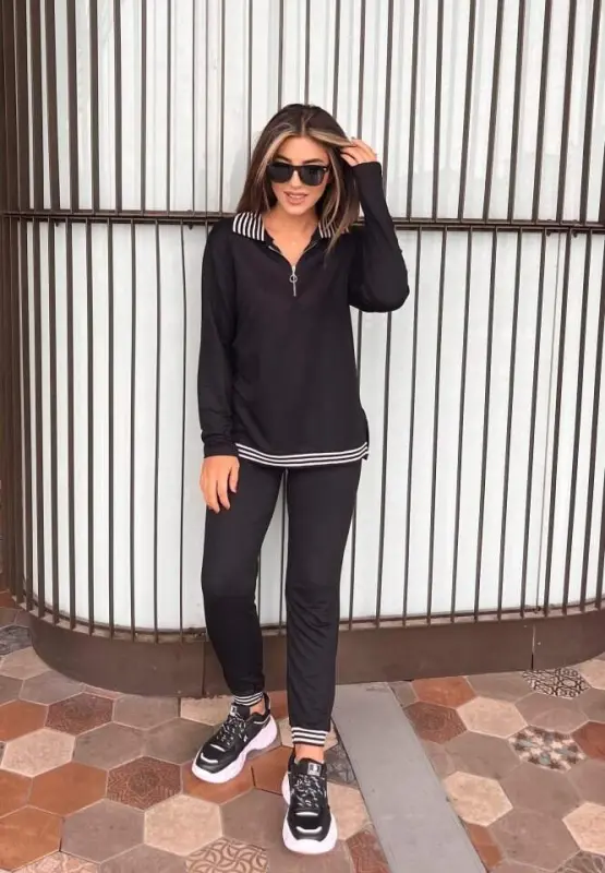 Kadın Uzun Kollu Ribana Ve Fermuar Detay Bluz Ve Yüksel Bel Pantolon 2li Takım - 3