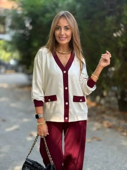 Kadın Uzun Kollu Ribanali Cep Detay Hırka Ve Bol Paça Pantolon Ikili Takım - 6