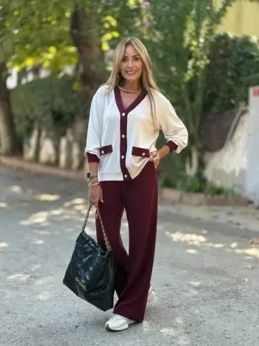 Kadın Uzun Kollu Ribanali Cep Detay Hırka Ve Bol Paça Pantolon Ikili Takım - 11