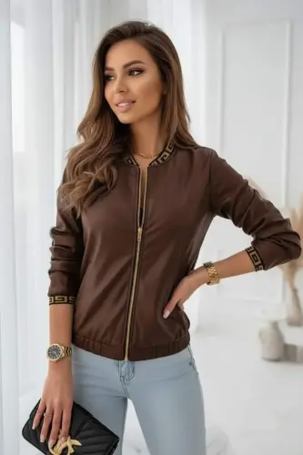 Kadın Uzun Kollu Ribanalı önden Fermuarlı Deri Ceket - 3